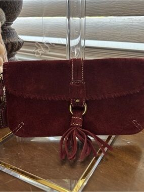 Coach Burgundy Suede Tassel Wristlet Clutch